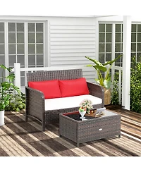 2PCS Patio Rattan Wicker Love-seat Coffee Table Set Cushioned Bench Garden Deck