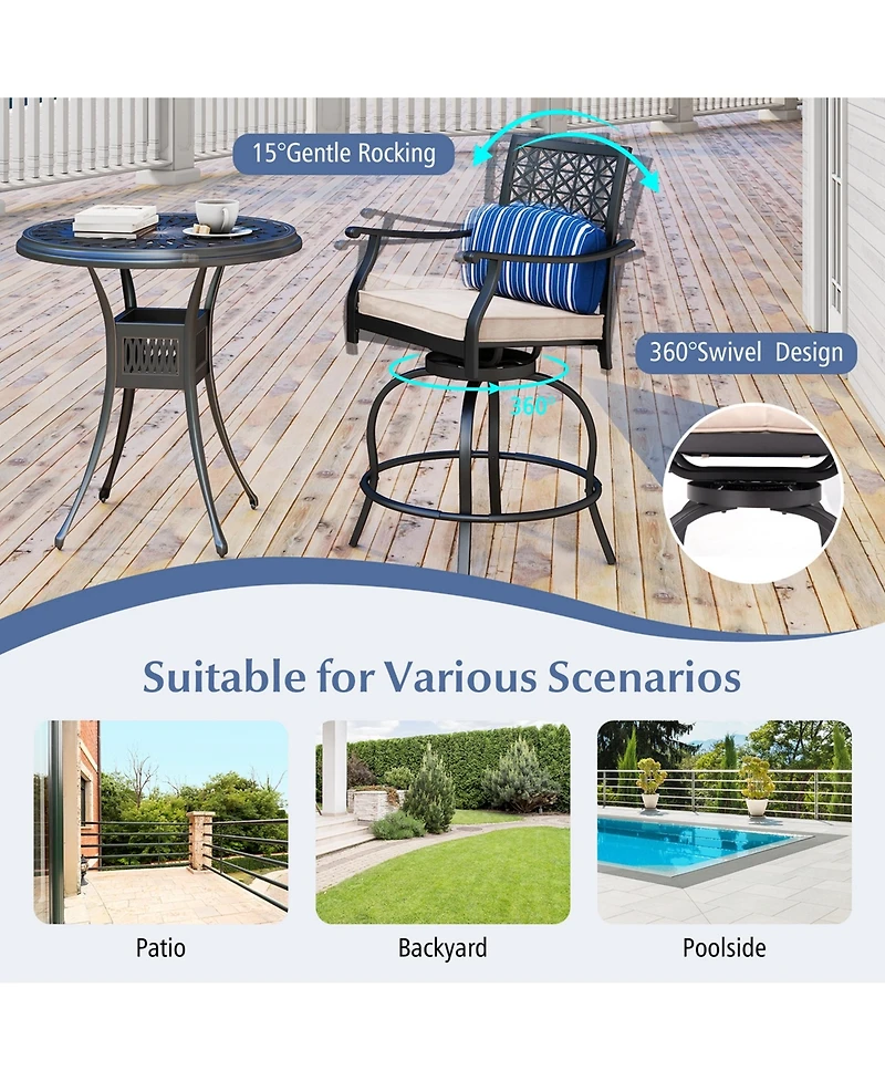 Costway Set of 2 Patio Swivel Bar Stool Chairs Cushioned Pillow