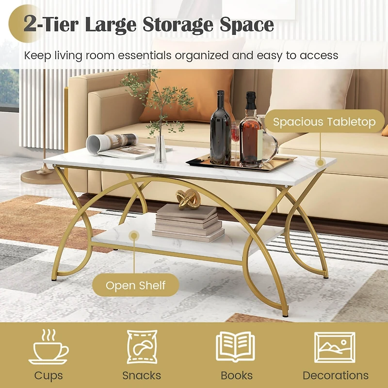 Coffee Table Modern Marble 2-Tier Coffee Table Gold Rectangle