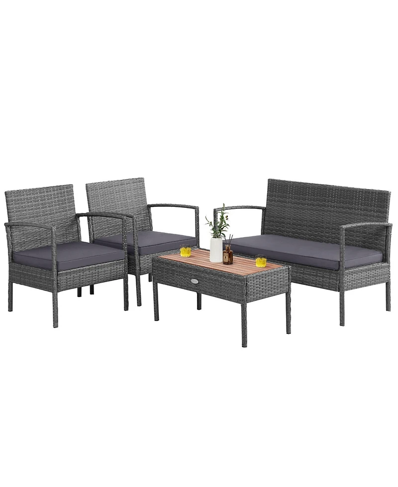 Gymax 8PCS Rattan Patio Conversation Furniture Set w/ Acacia Wood Tabletop & Cushions