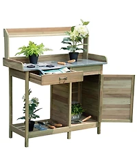 Costway Outdoor Potting Bench Garden Wooden Work Station Metal Tabletop Cabinet Drawer