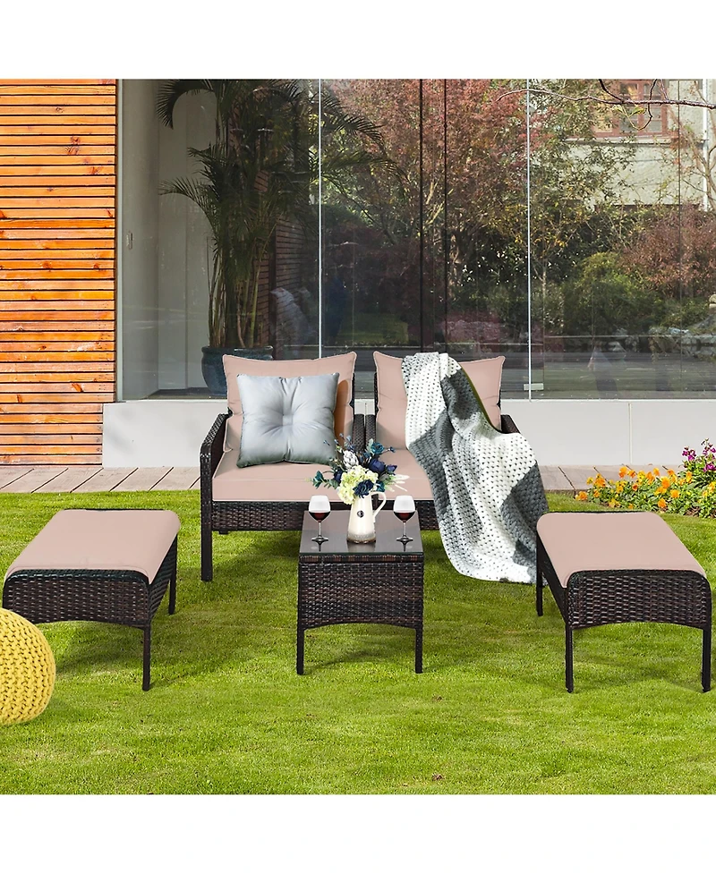 Costway 5 Pcs Rattan Wicker Furniture Set Sofa Ottoman W/Brown Cushion Patio Garden Yard