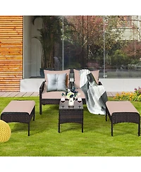 Costway 5 Pcs Rattan Wicker Furniture Set Sofa Ottoman W/Brown Cushion Patio Garden Yard