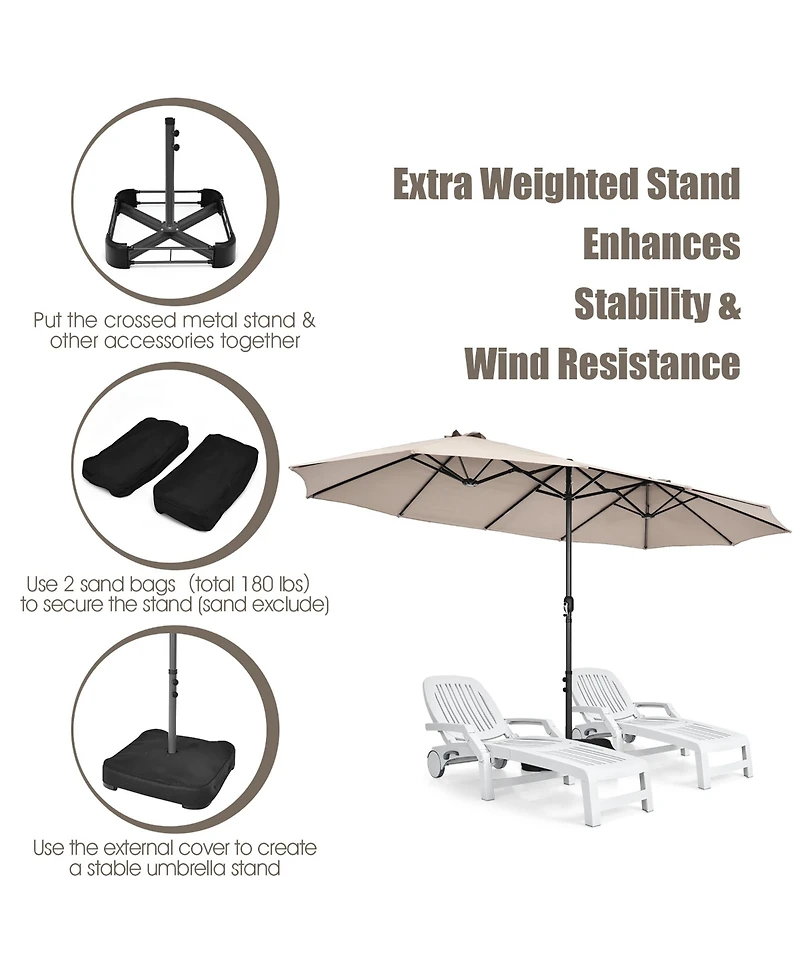 15FT Double-Sided Twin Patio Umbrella Sun Shade Outdoor Crank Market Base