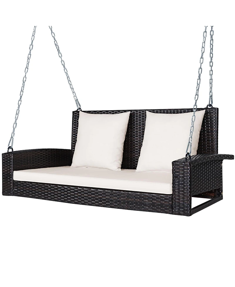 2-Person Patio Rattan Hanging Porch Swing Bench Chair Cushion