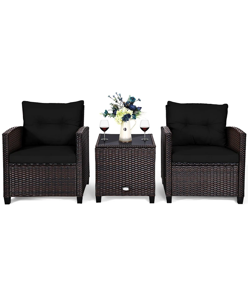 3PCS Patio Rattan Furniture Set Cushioned Sofa Coffee Table Garden