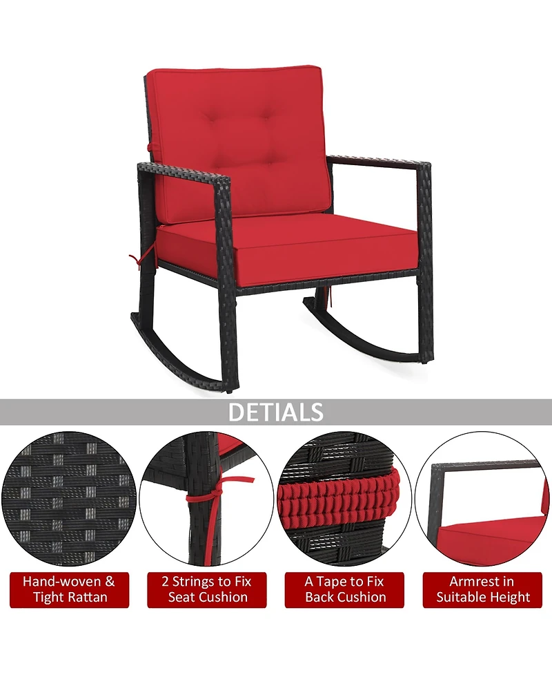Costway Patio Rattan Rocker Chair Outdoor Glider Wicker Rocking Chair Cushion Lawn