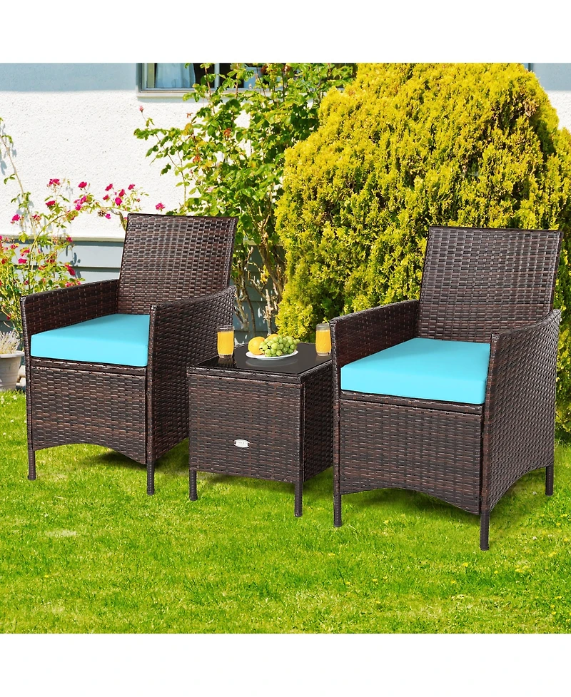 3PCS Patio Rattan Furniture Set Cushioned Sofa Glass Tabletop Deck