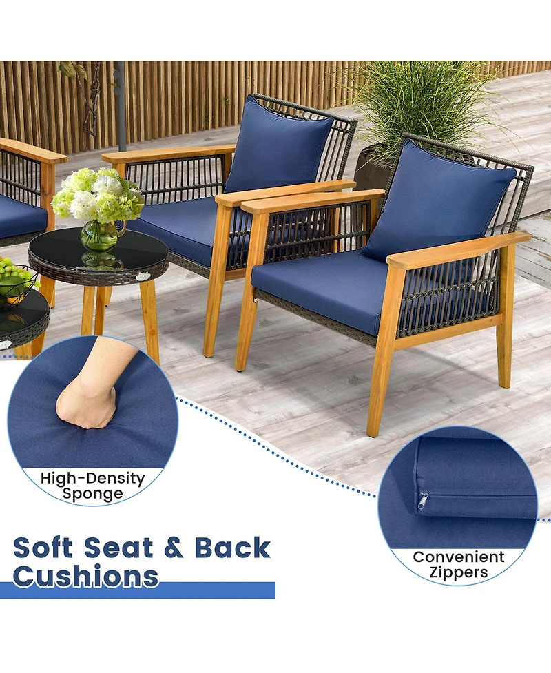 Costway 5PCS Outdoor Rattan Woven Conversation Set Stable Acacia Wood Frame for Backyard