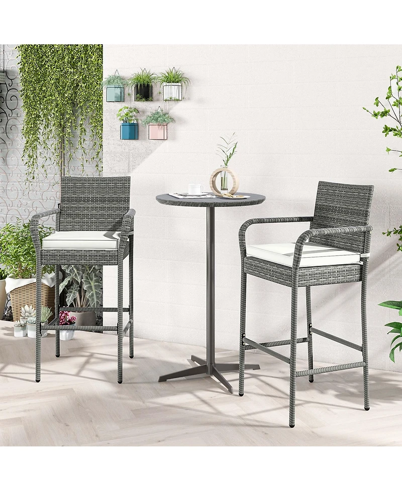 4PCS Patio Pe Wicker Bar Chairs Counter Height Barstools With Armrests &Cushions