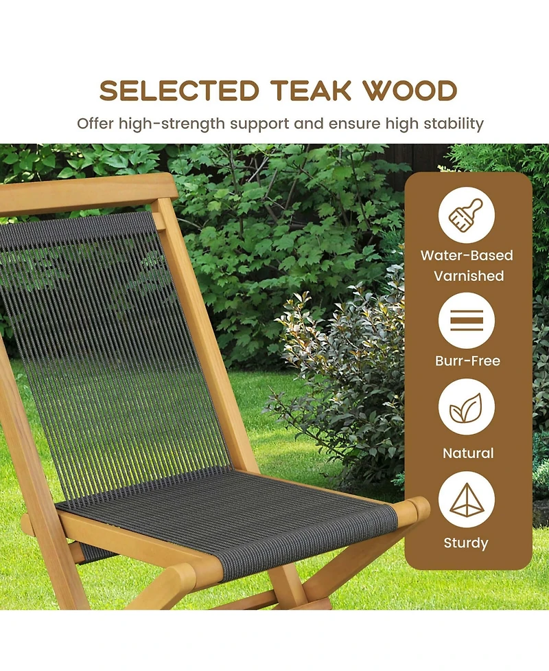 Costway 4 Pcs Patio Folding Chairs with Woven Rope Seat & Back Solid Teak Wood for Porch