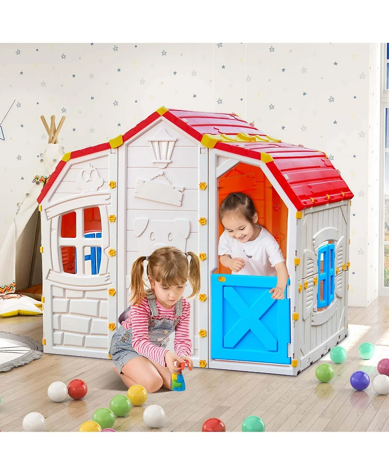 Costway Kids Playhouse Realistic Cottage Playhouse with Openable Windows & Working Door