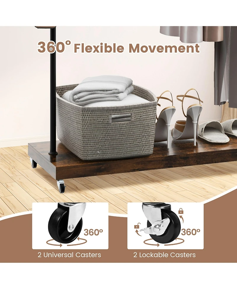 Industrial Pipe Rolling Garment Rack Heavy Duty Clothing Rack with Hooks & Shelf