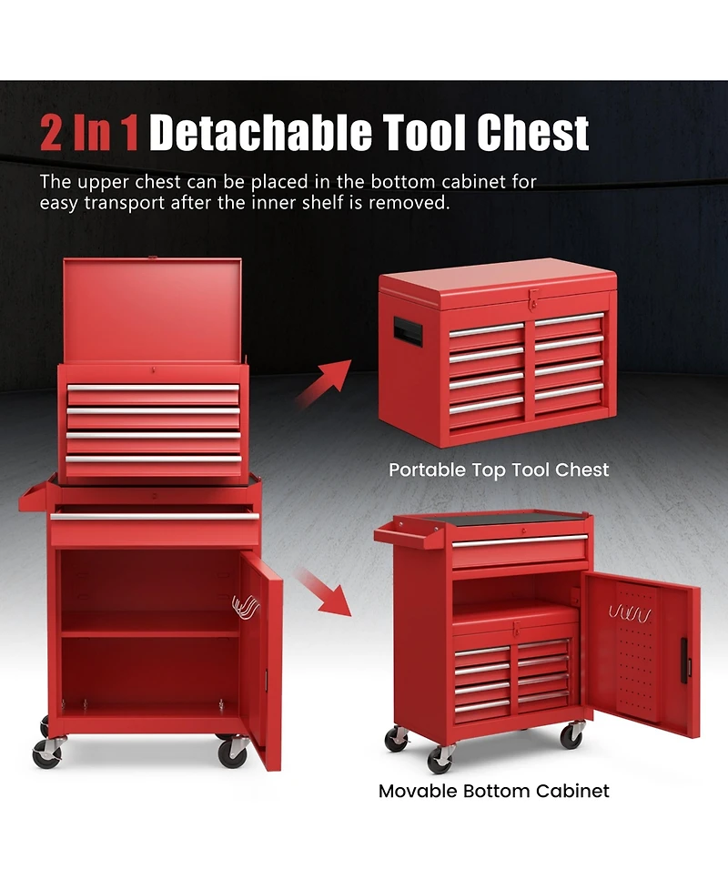 2 in 1 Tool Chest & Cabinet with Sliding Drawers Rolling Garage Organizer