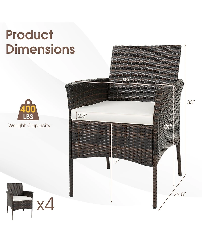 Set of 4 Patio Rattan Dining Chairs Cushioned Seat Curved Armrests