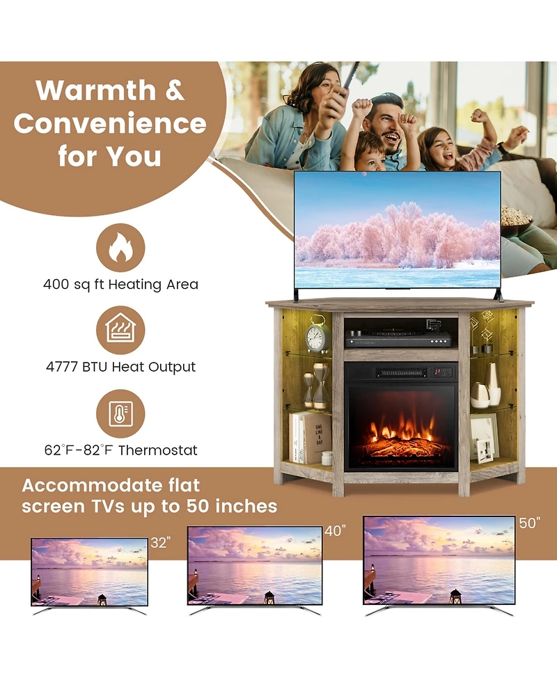 Costway Fireplace Tv Stand with Led Lights & 18'' Electric Fireplace for Tvs up to 50''