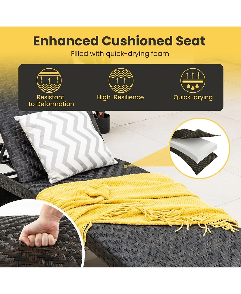 1PC Folding Patio Chaise Lounge Chair Outdoor Rattan Adjustable Recliner Quick Dry Foam