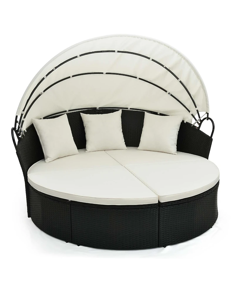 Patio Round Daybed with Retractable Canopy Rattan Sectional Seating