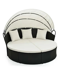 Patio Round Daybed with Retractable Canopy Rattan Sectional Seating