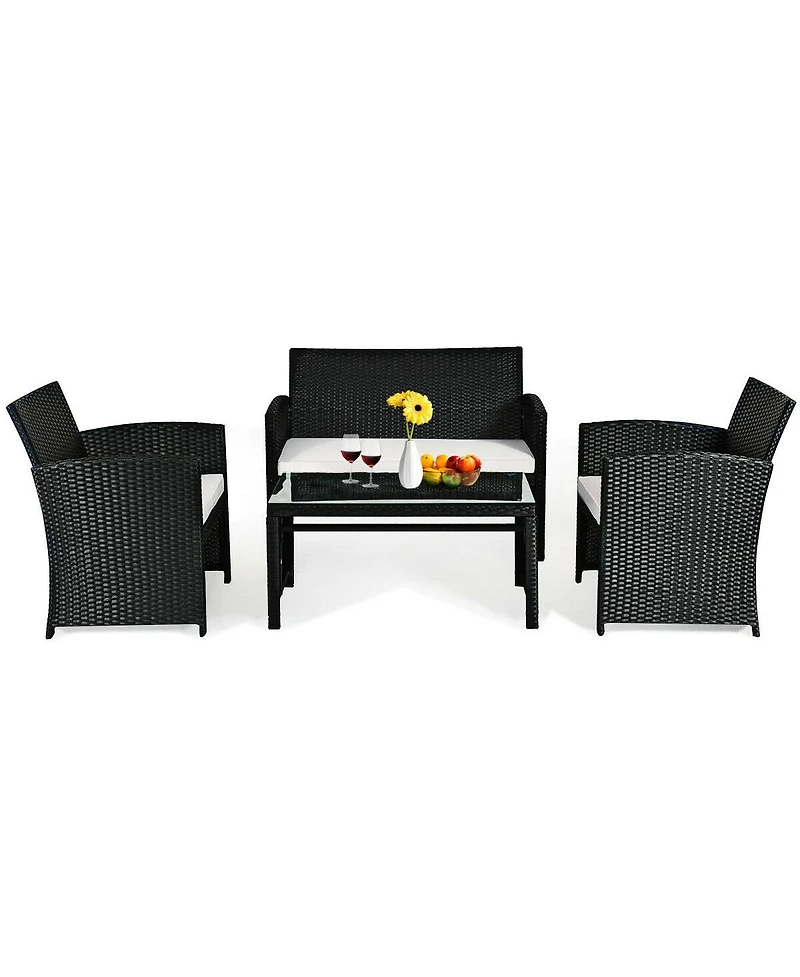 4PCS Patio Rattan Furniture Conversation Set Cushioned Sofa Coffee Table Garden