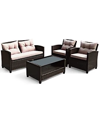 4PCS Outdoor Rattan Furniture Set Cushioned Sofa Armrest Table