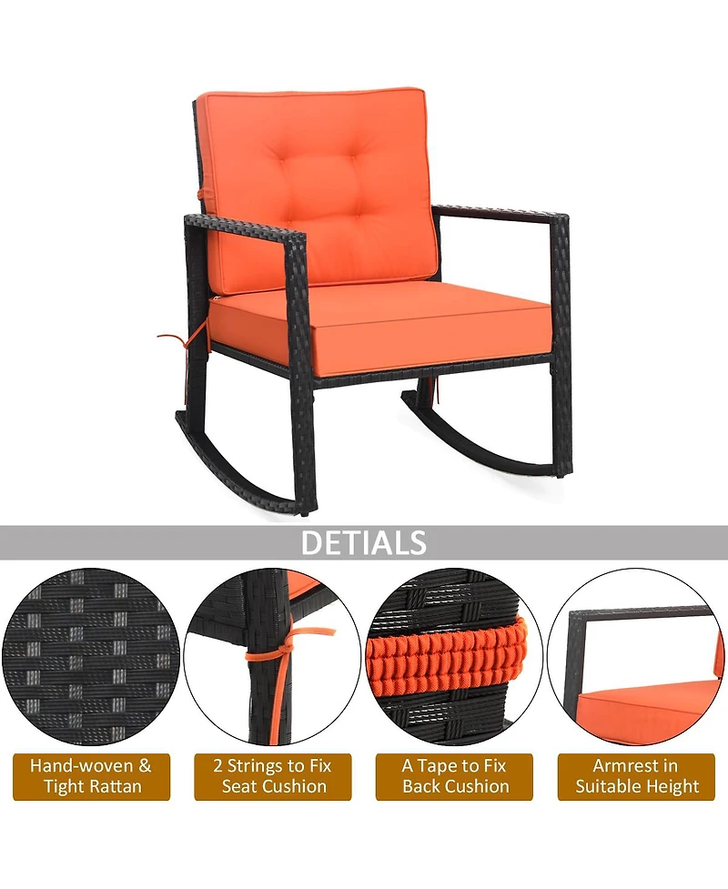 Costway Patio Rattan Rocker Chair Outdoor Glider Wicker Rocking Chair Cushion Lawn Deck