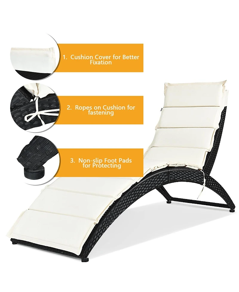Folding Patio Rattan Lounge Chair Chaise Cushioned Portable Garden Lawn
