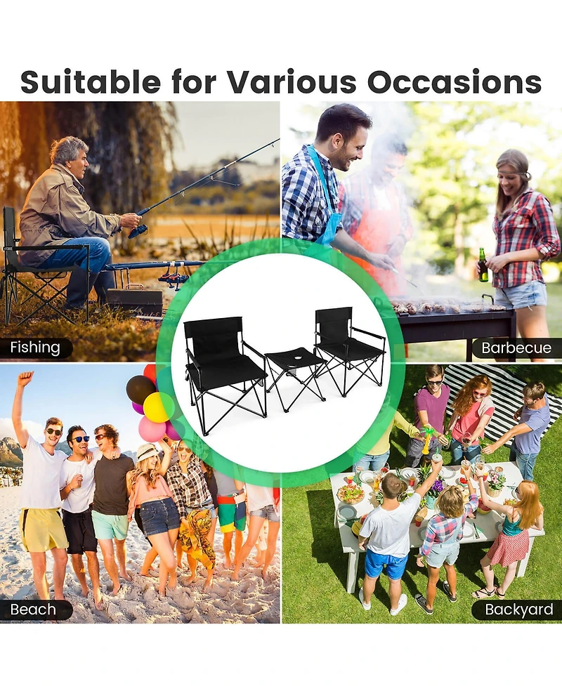 Gymax Folding Camping Chair Set of 3 Portable Lawn Chair & Side Table w/ 2 Cup Holders
