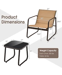Costway 3 Pieces Patio Conversation Set Outdoor Metal Chair & Table Tempered Glass Top