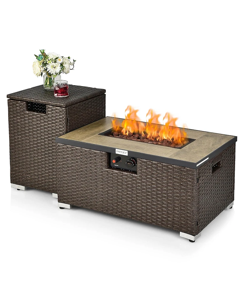 Costway 32"x 20" Propane Rattan Fire Pit Table Set with Side Tank & Cover 40,000 Btu