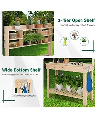Costway Potting Bench Table Wooden Garden Work Bench Platform with Display Rack Hidden Sink