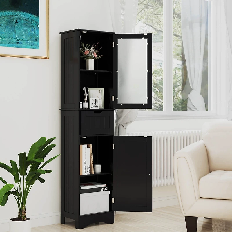 Bathroom Tall Cabinet Freestanding Linen Tower with Doors & Drawer