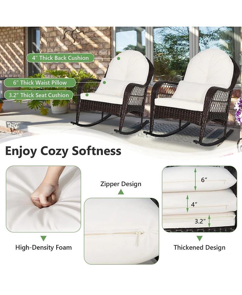 Patio Wicker Rocking Chair with Seat Back Cushions & Lumbar Pillow Porch