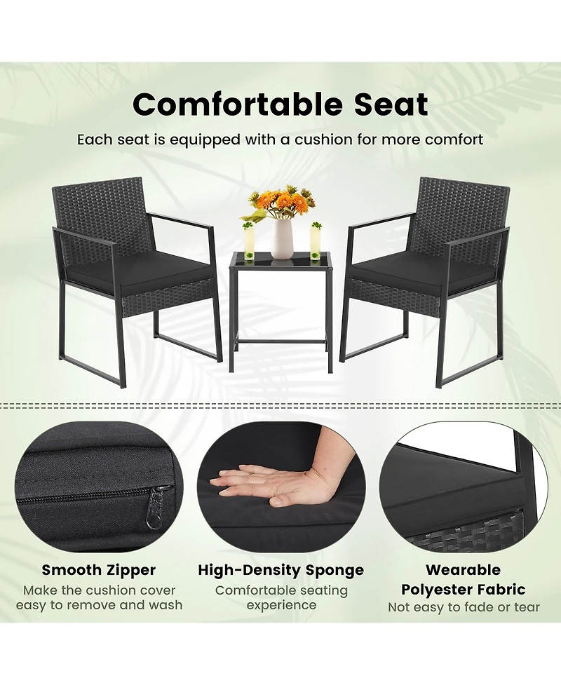 Costway 3pcs Patio Furniture Set Heavy Duty Cushioned Wicker Rattan Chairs Table Outdoor