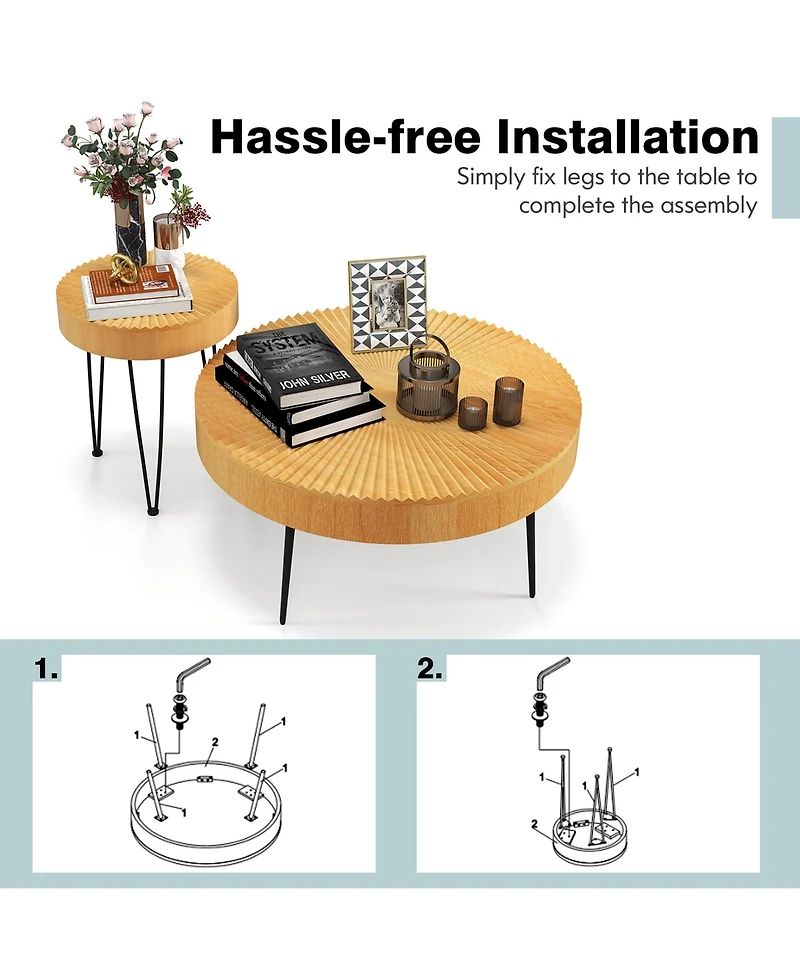 Costway Farmhouse Round Coffee Table Set of 2 End Table Natural Finish for Living Room