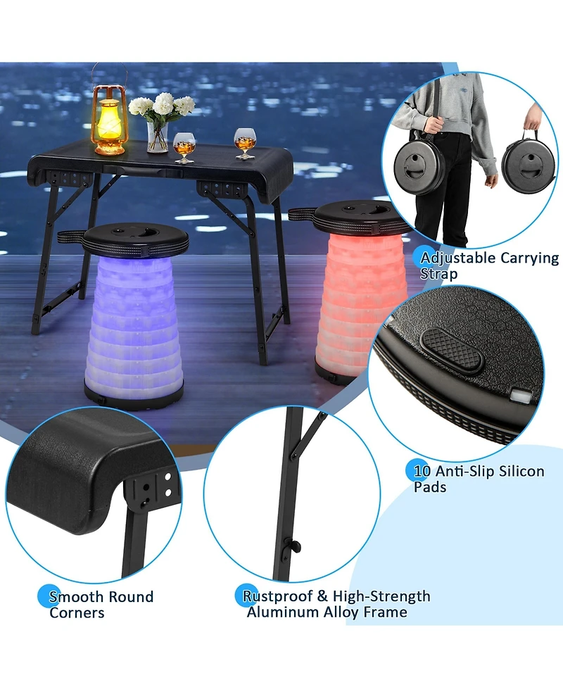 3-Piece Folding Table Stool Set with a Camping Table & 2 Retractable Led Stools