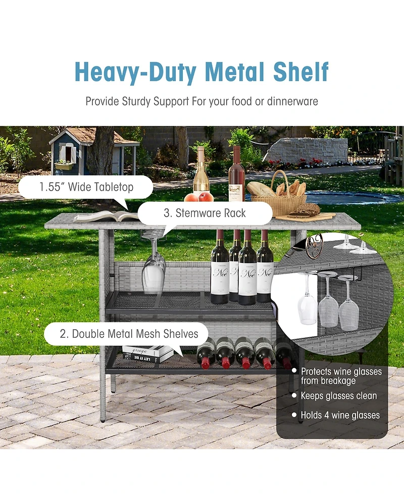 Costway Patio Rattan Wicker Bar Height Counter Table Storage Shelf Rail Garden