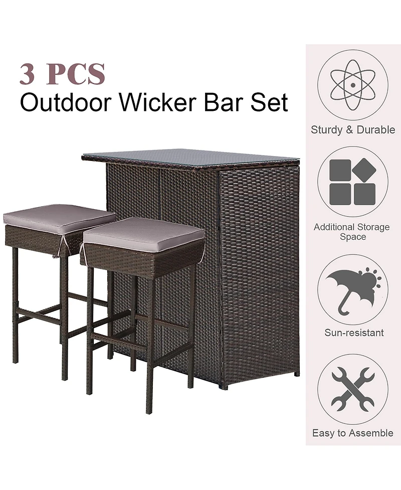 Patio 3PCS Rattan Bar Table Stool Set Cushioned Chairs
