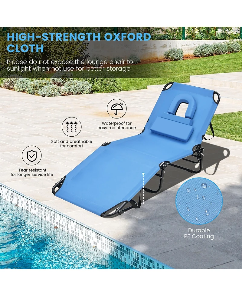 Beach Chaise Lounge Chair with Face Hole Pillows & 5-Position Adjustable Backrest