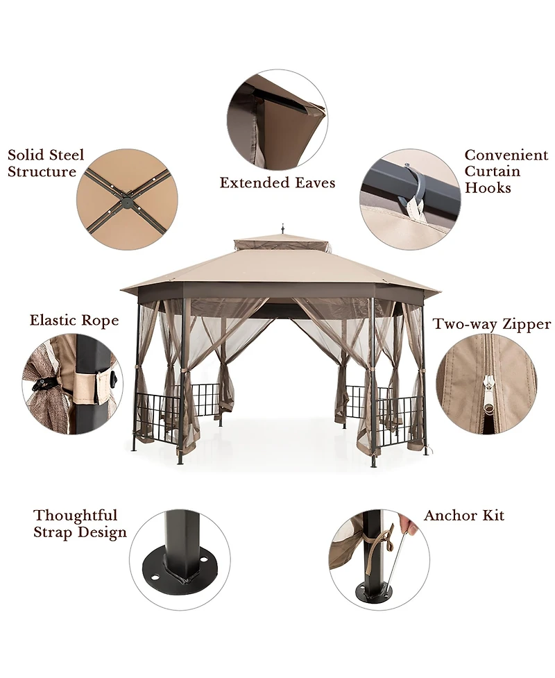 Costway 10'x12' Patio Gazebo Canopy Shelter Double Top Netting Sidewalls