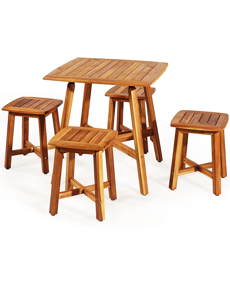 Costway 5PCS Acacia Patio Dining Set W/Square Table & 4 Stools Reddish