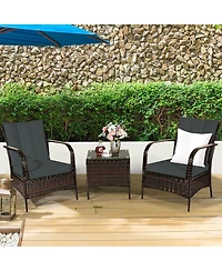 Costway 3 Pcs Patio Wicker Rattan Furniture Set Coffee Table & 2 Chair