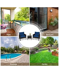 Gymax 3PCS Rattan Patio Conversation Furniture Set Yard Outdoor w/ Navy Cushions