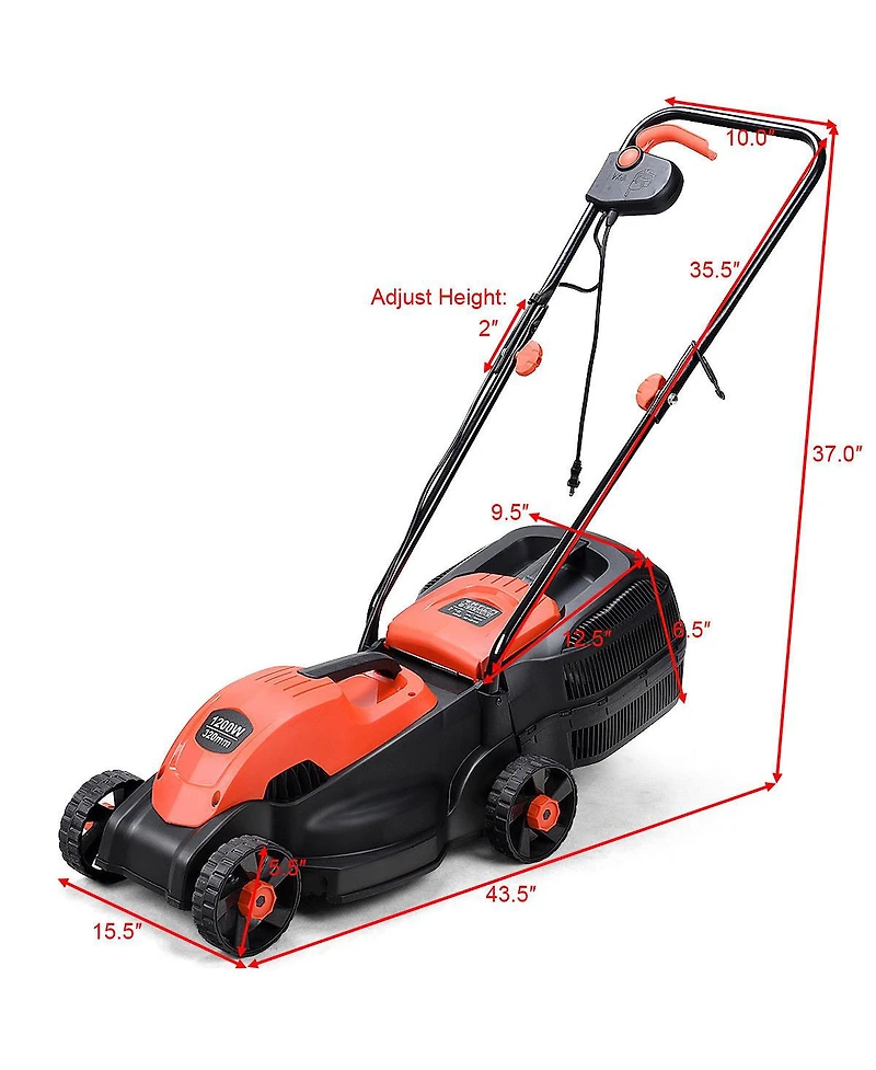 12 Amp 14-Inch Electric Push Lawn Corded Mower With Grass Bag
