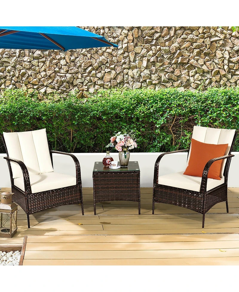 3 Pcs Patio Rattan Furniture Set Coffee Table & 2 Rattan Chair