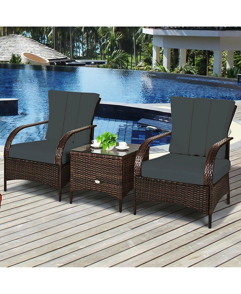 3 Pcs Patio Rattan Furniture Set Coffee Table & 2 Rattan Chair