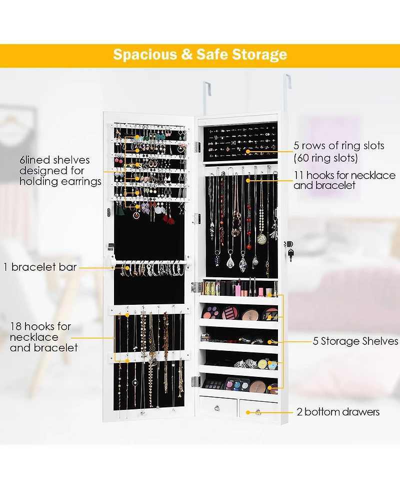 Costway Wall Door Mounted Mirror Jewelry Cabinet Organizer