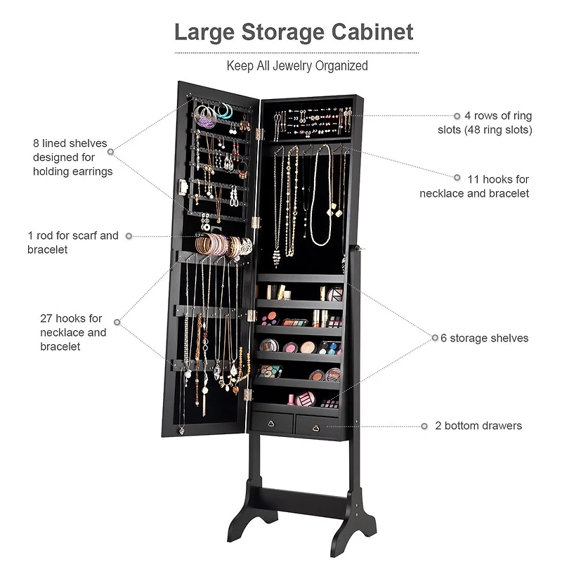 Mirrored Jewelry Cabinet Storage Organizer Box Drawers