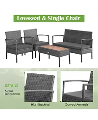 4PCS Patio Rattan Furniture Set Cushioned Chair Wooden Tabletop