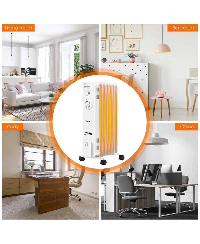 1500W Electric Indoor Oil Heater W/3 Heat Settings & Safe Protection